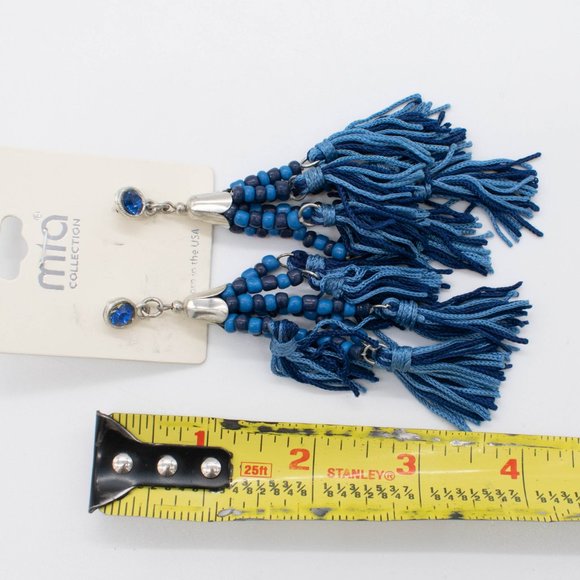 Mia Collection Blue Tassel Dangle Fringe Silver Tone Hook Earrings - Picture 3 of 3